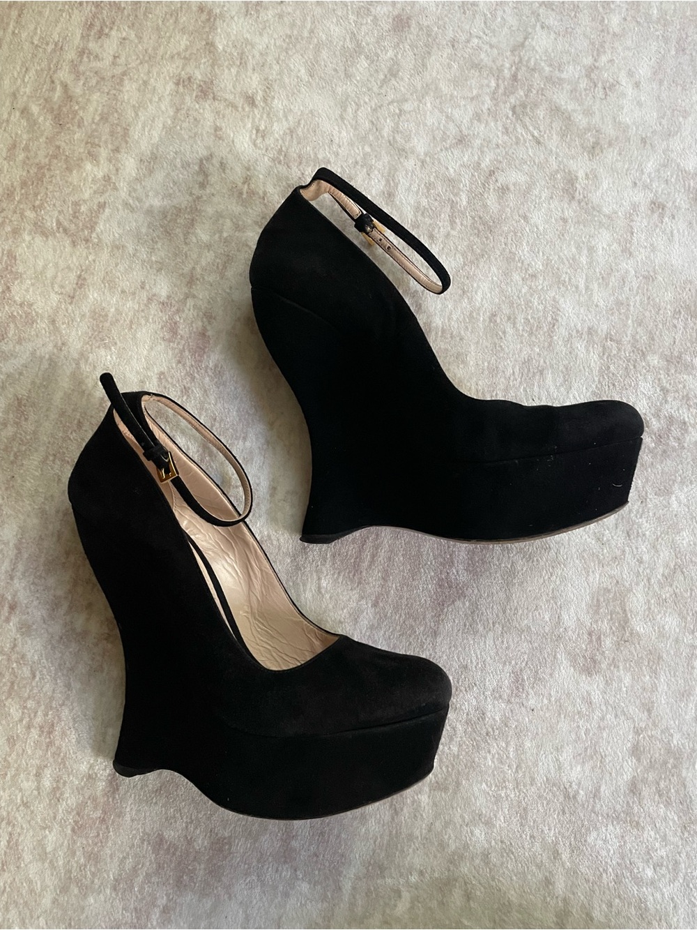 Prada Black Suede Ankle-Strap Platform Wedge Pumps